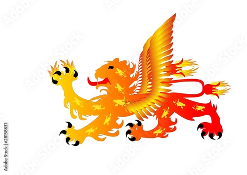 Fiery heraldic lion with wings