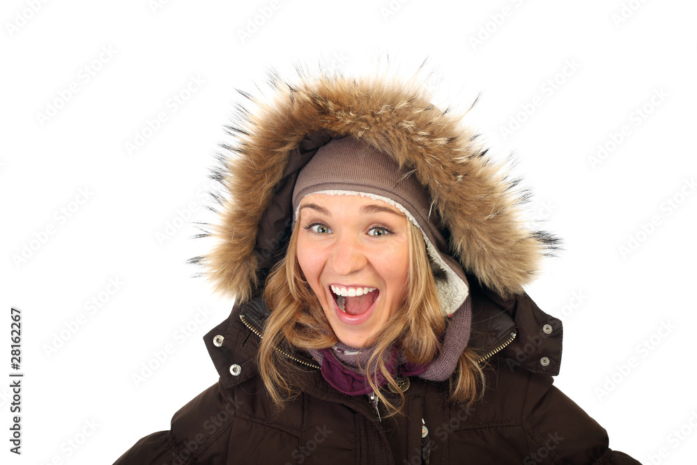 portrait of one happy frozen woman in winter coat portrait of one happy frozen woman in winter coat