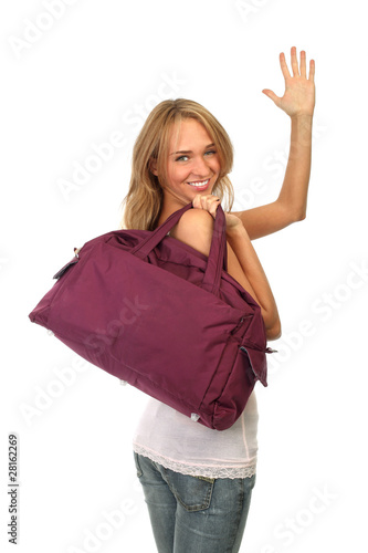 smiling woman wave goodbye