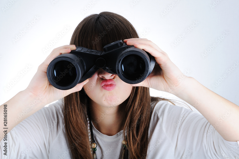Angry female with a binoculars Angry female with a binoculars