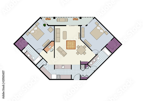 Vector of two-bedroom condo with furniture-floor plan