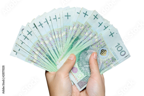 Hand holding range of polish 100 pln banknotes