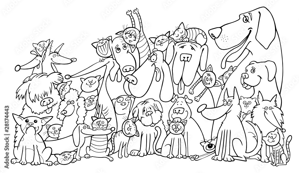 illustration of group of Cats and Dogs for coloring book