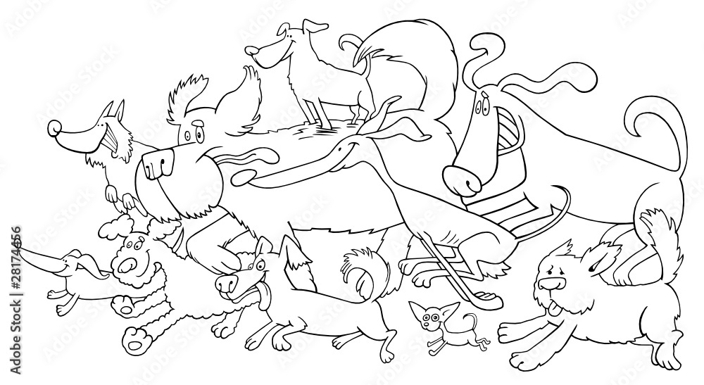running dogs illustration for coloring book