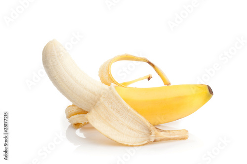 Peeled banana on white background