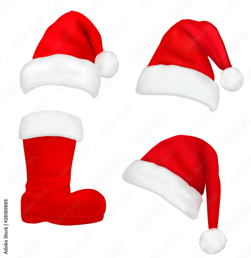 Set of red santa hats and boot. Vector. Set of red santa hats and boot. Vector.