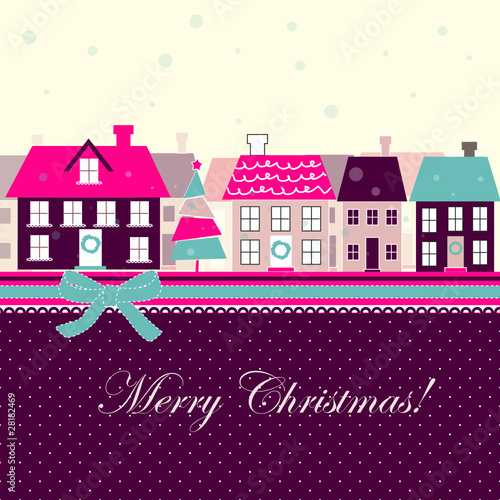 Bright Christmas card with houses and tree