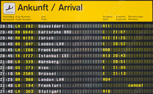 Arrival board at an airport in Germany