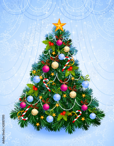 Christmas tree with balls, stars, candies