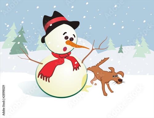 snowman and dog funny vector illustration