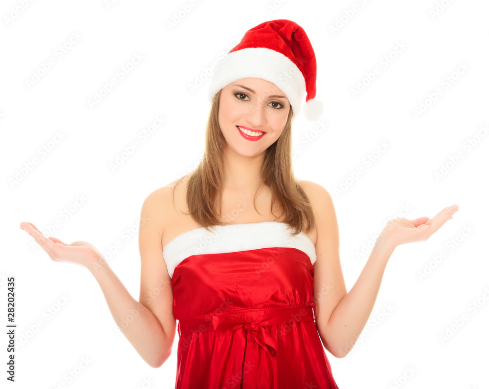 Pretty Christmas girl holding her hands palm up. Pretty Christmas girl holding her hands palm up.