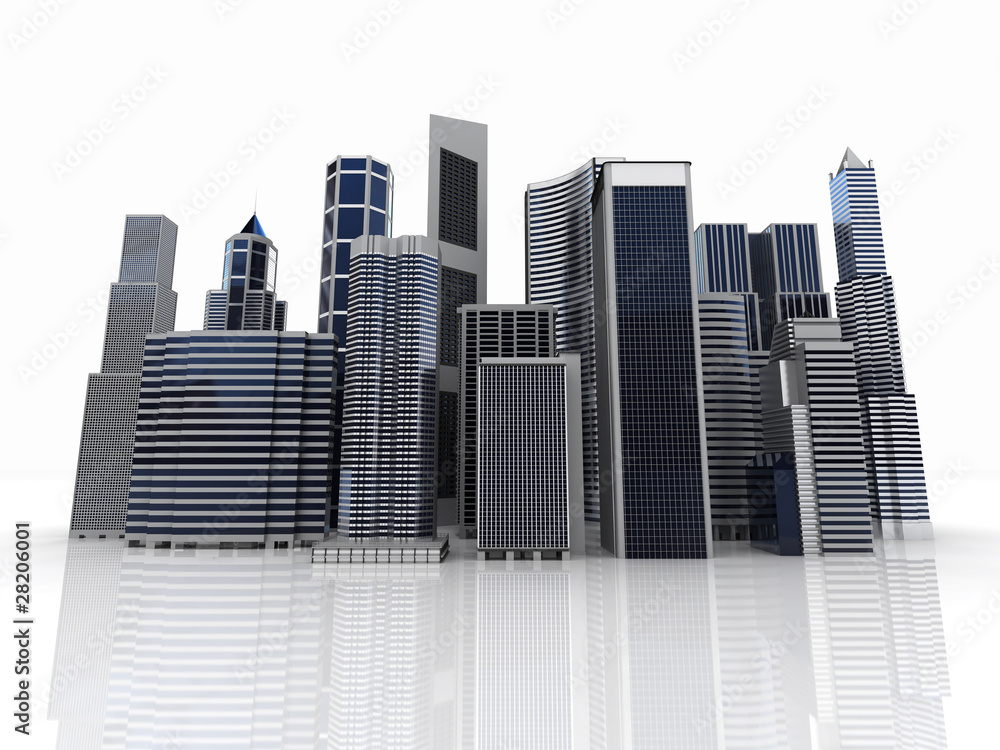 Modern office and skyscrapers with reflection on skyline Modern office and skyscrapers with reflection on skyline