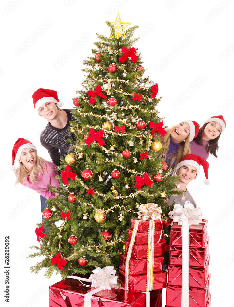 Group young people in santa hat.