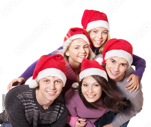 Group young people in santa hat . Isolated.