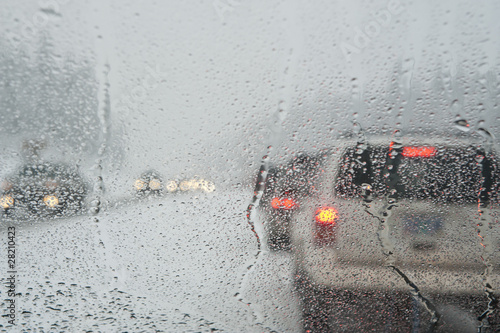 Winter traffic jam seen through a windshield