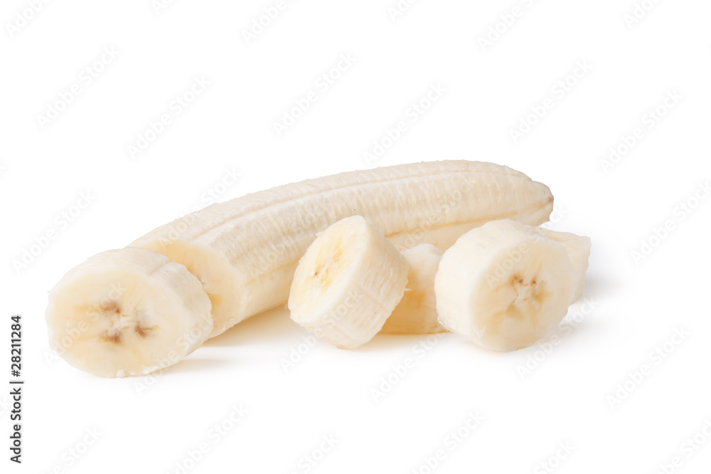 Fototapeta premium Freshly sliced bananas on a white background