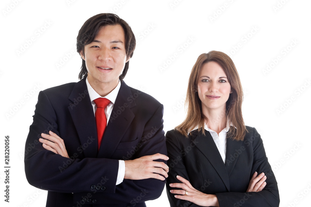 Confident Asian Man Caucasian Woman Business Suits Arms Crossed Confident Asian Man Caucasian Woman Business Suits Arms Crossed