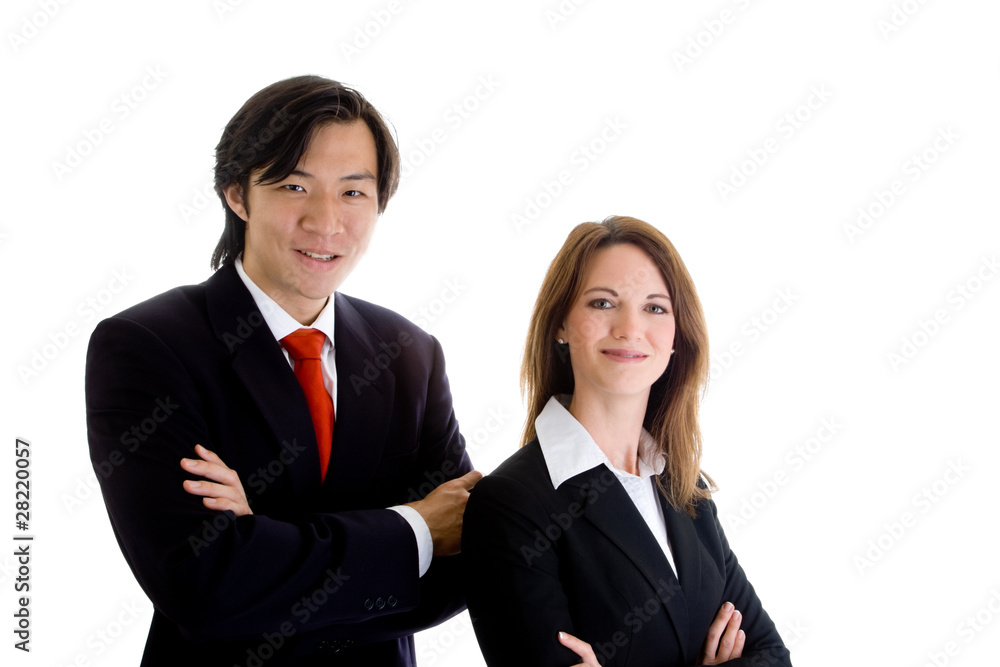 Confident Business Team, Asian Man Caucasian Woman White Backgro Confident Business Team, Asian Man Caucasian Woman White Backgro