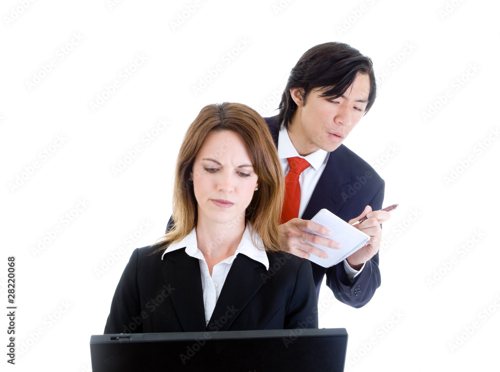 Asian Man Looking Over Shoulder Surfing Copying Caucasian Woman Asian Man Looking Over Shoulder Surfing Copying Caucasian Woman