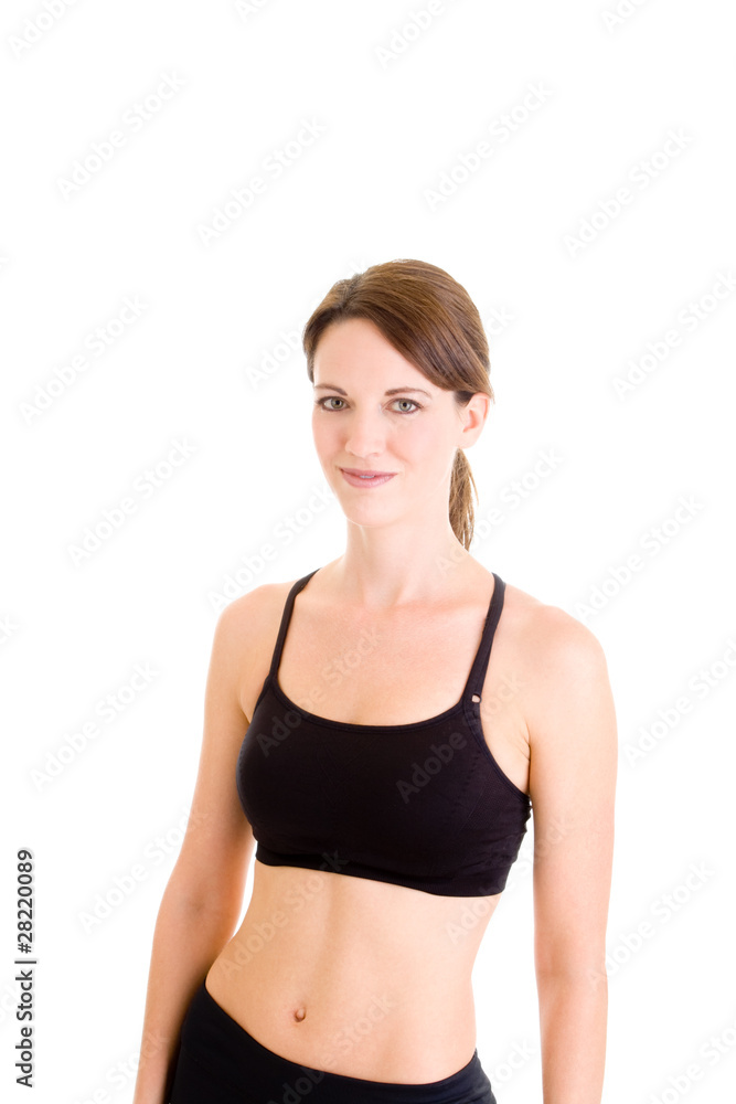 Smiling Slender Caucasian Woman Sports Bra Isolated Background Smiling Slender Caucasian Woman Sports Bra Isolated Background