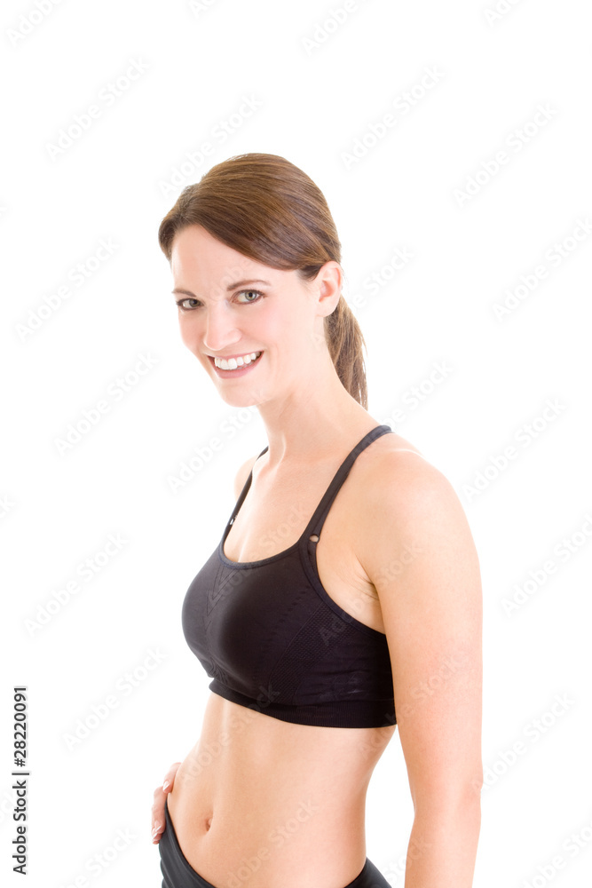 Slender Caucasian Woman in Sports Bra Smiling White Background Slender Caucasian Woman in Sports Bra Smiling White Background