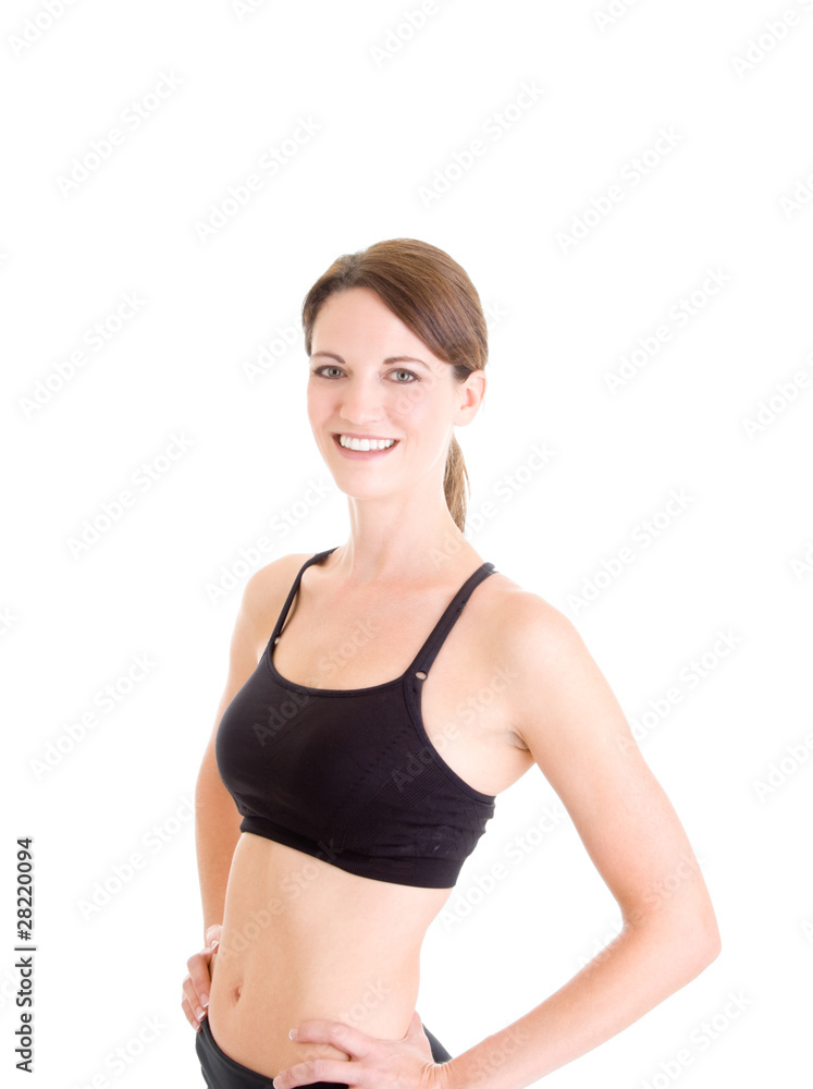Slender Caucasian Woman in Sports Bra Smiling White Background Slender Caucasian Woman in Sports Bra Smiling White Background