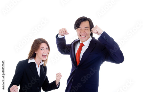 Caucasian Woman Asian Man in Suits Cheering