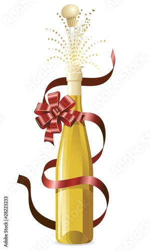 Champagne con Fiocco-Champagne Bottle with Red Bow-Vector
