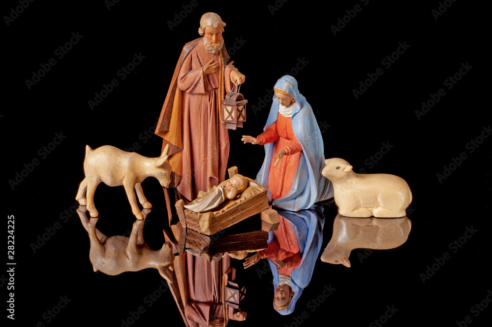 Fototapeta premium Christmas Nativity with Manger Animals and Reflective Background