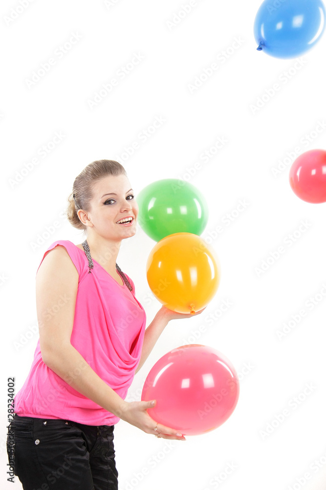young happy girl with balloons over white young happy girl with balloons over white