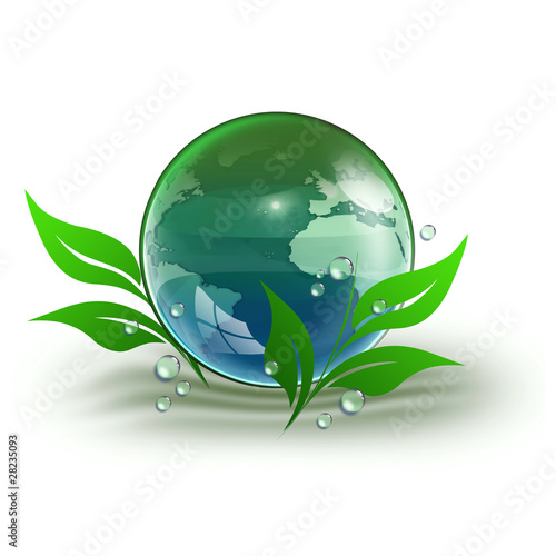 globe with green leaves and waterdrops