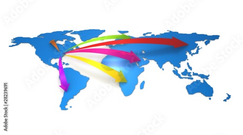 3D World map with arrows from US to other continents