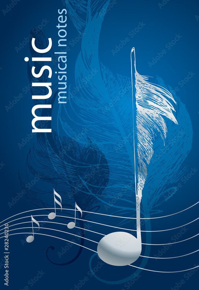 Fototapeta premium Silver note in the form of the bird's feather on the blue.