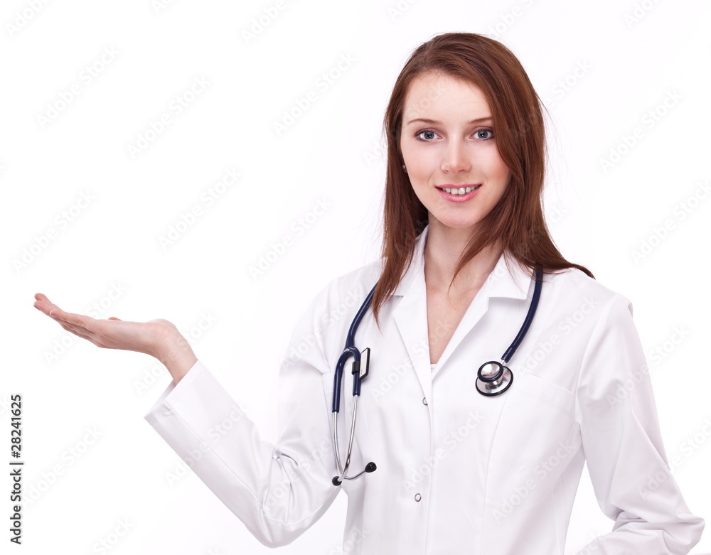Positive doctor shows empty hand. Isolated on a white. Positive doctor shows empty hand. Isolated on a white.