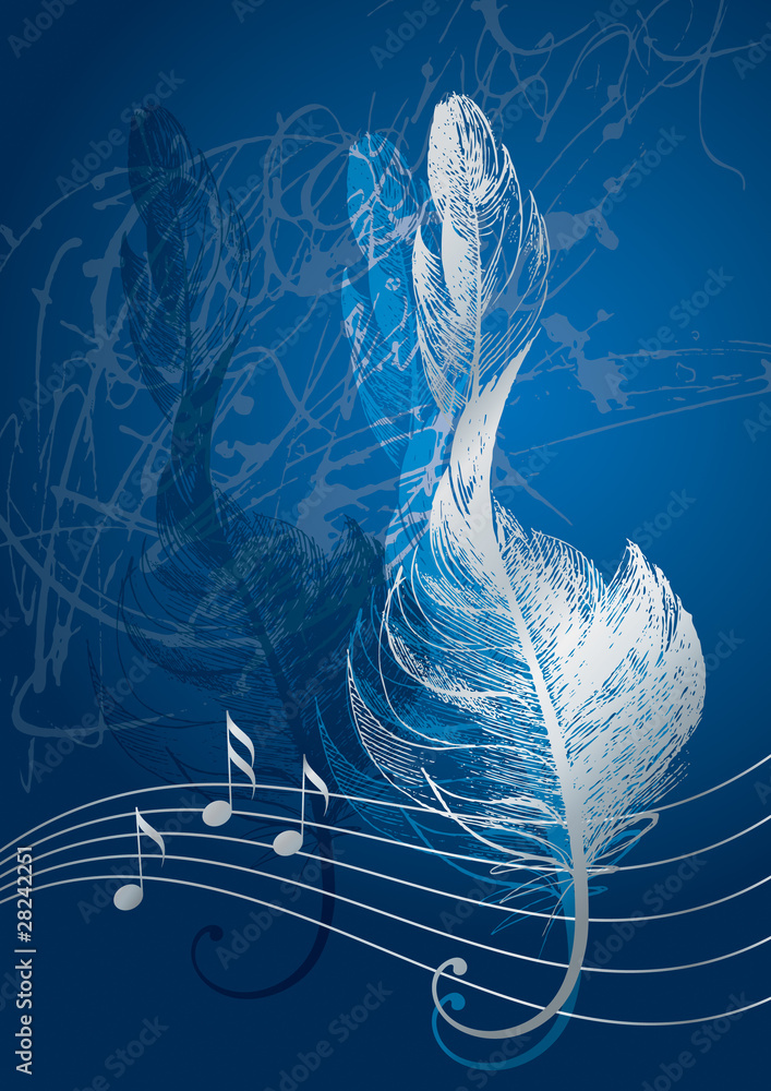 Obraz premium Srebrny klucz wiolinowy w postaci ptasiego pióra na niebieskim