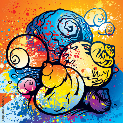 Colorful abstract seashells on the beach with sprays