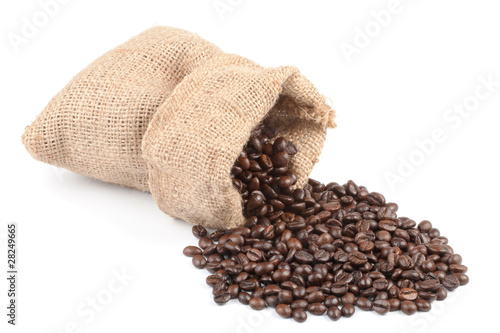 Coffee beans in canvas sack on white background