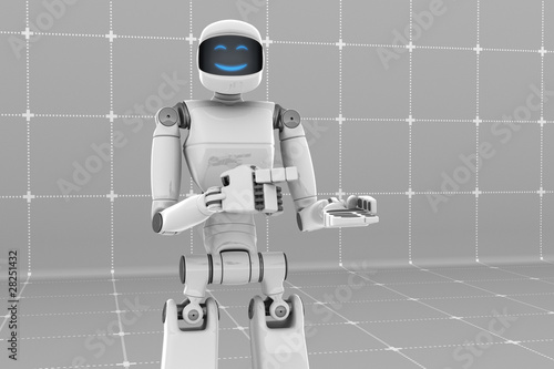 Fotografie White futuristic robot holding something. Happy smiling face