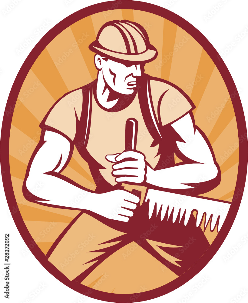 Man sawing in oval Man sawing in oval