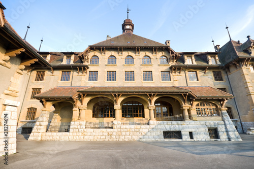 Canvas Print Old Gothic Style School, Geneva, Switzerland,  Wide Angle Lens