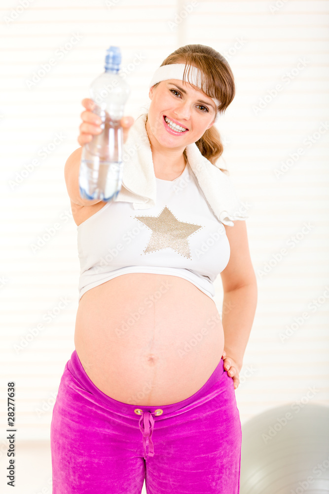Smiling pregnant woman in sportswear holding bottle of water. Smiling pregnant woman in sportswear holding bottle of water.