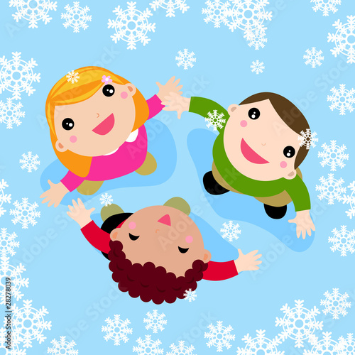 Multicultural children playing in the falling snow