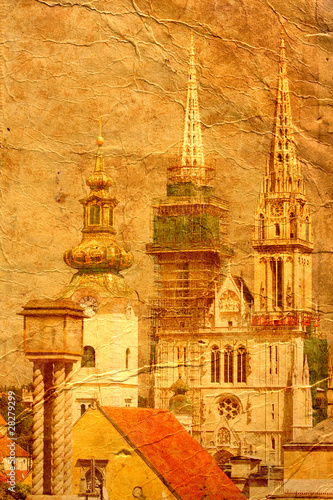 cathedral in Zagreb - picture in artistic retro style