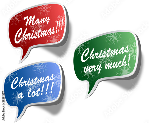 Three christmas stickers of red,green, blue colors with text many christmas, christmas a lot, christmas very much.