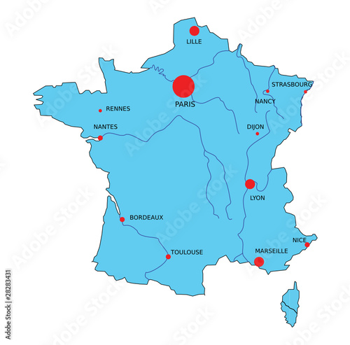 Carte de France bleue vectorielle et principales villes