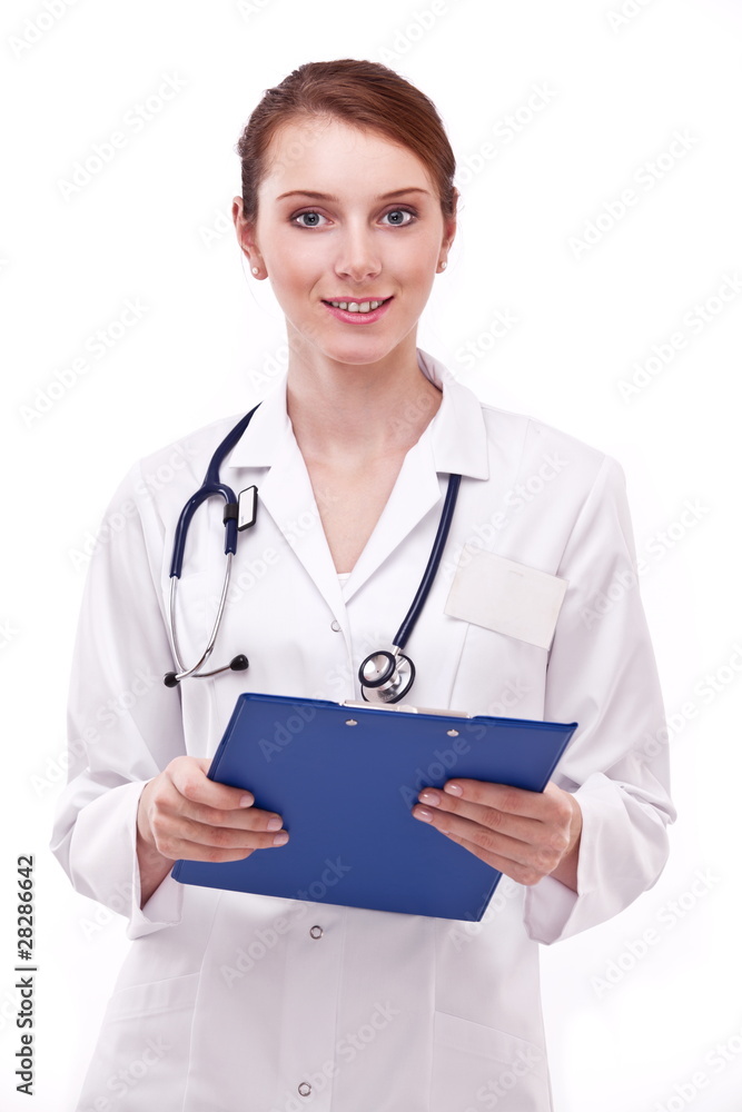 Portrait of positive doctor holding on clipboard.