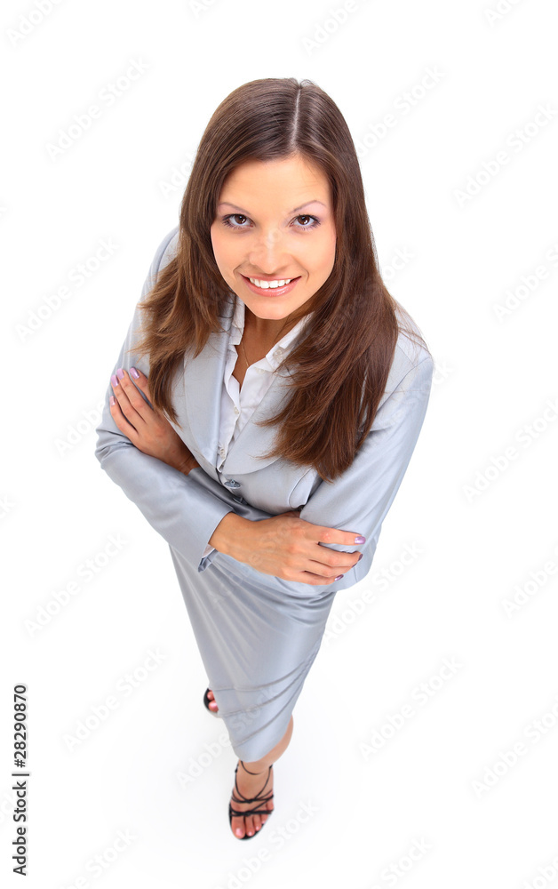 Positive business woman smiling over white background Positive business woman smiling over white background