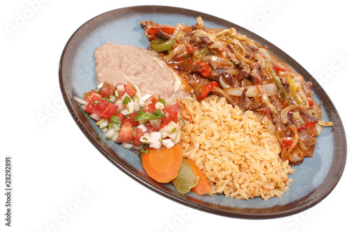 Steak fajitas with beans and rice. photo