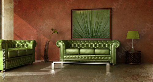 Rustic country interior with green leather sofa.