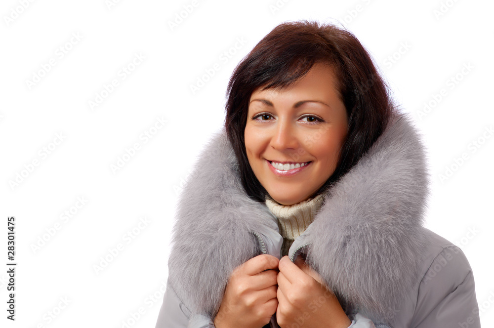 Portrait of young woman in fluffy hood Portrait of young woman in fluffy hood